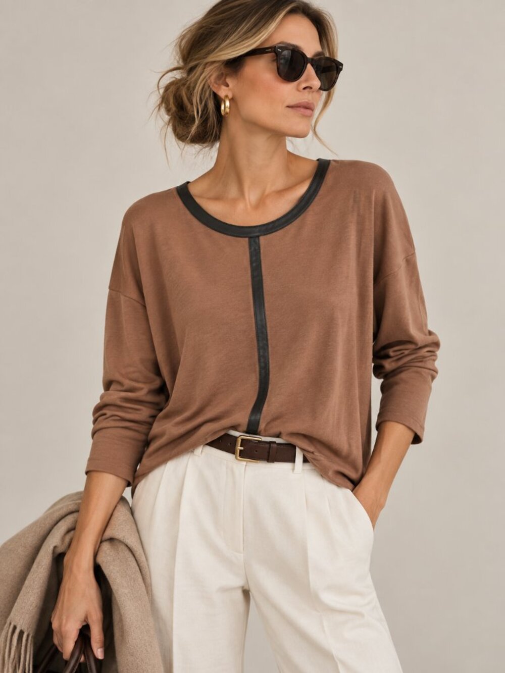 PHILOSOPHY | Caramel Brown Leather Detail 3/4 Sleeve Blouse - Women's XS